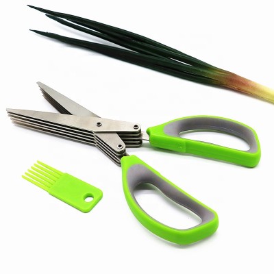 Heavy duty kitchen stainless steel multipurpose 5 blades herb scissors shears with cleaning comb